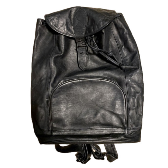 Vintage Handbags - 𝅺vintage Leather Back Pack Strap Buckle w Drawstring Zipper Pocket 15” x 4”